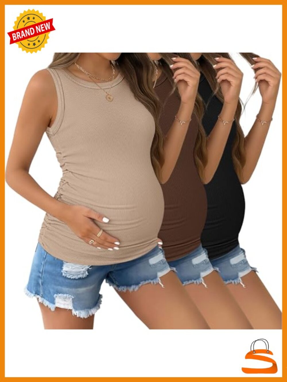 3 Pack Maternity Tank Tops Ribbed Crew Neck Ruched Side Tanks S-XXL